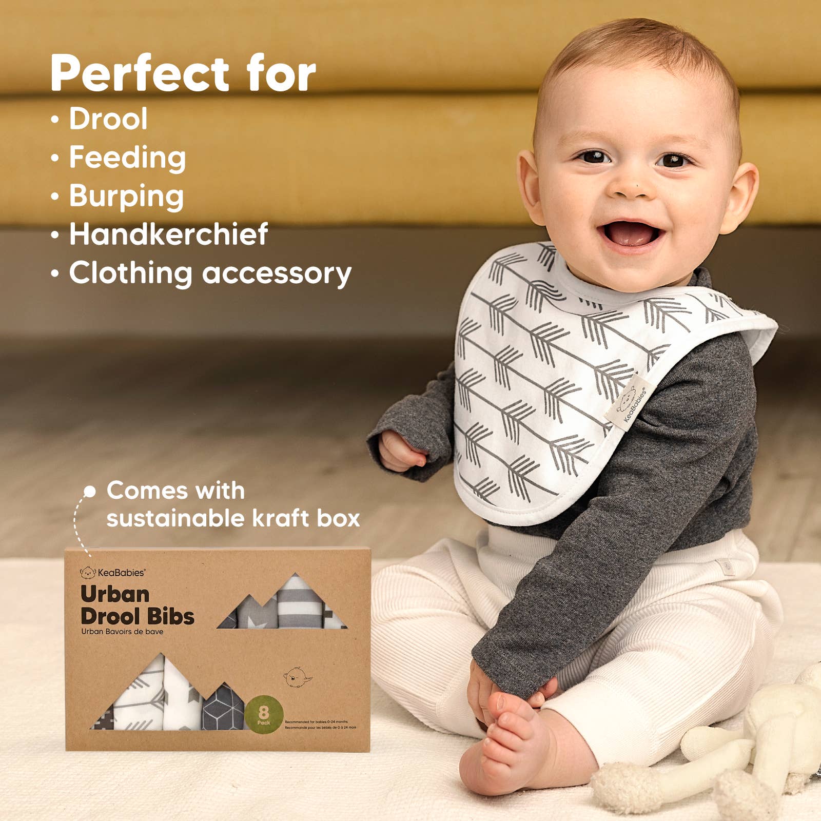 KeaBabies - 8-pack Urban Drool Bibs for Teething Baby Boys and Girls: Grayscale